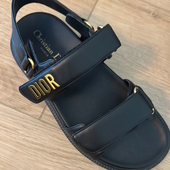 Dior Black Sandals with Gold Logo - Picture 2 of 7